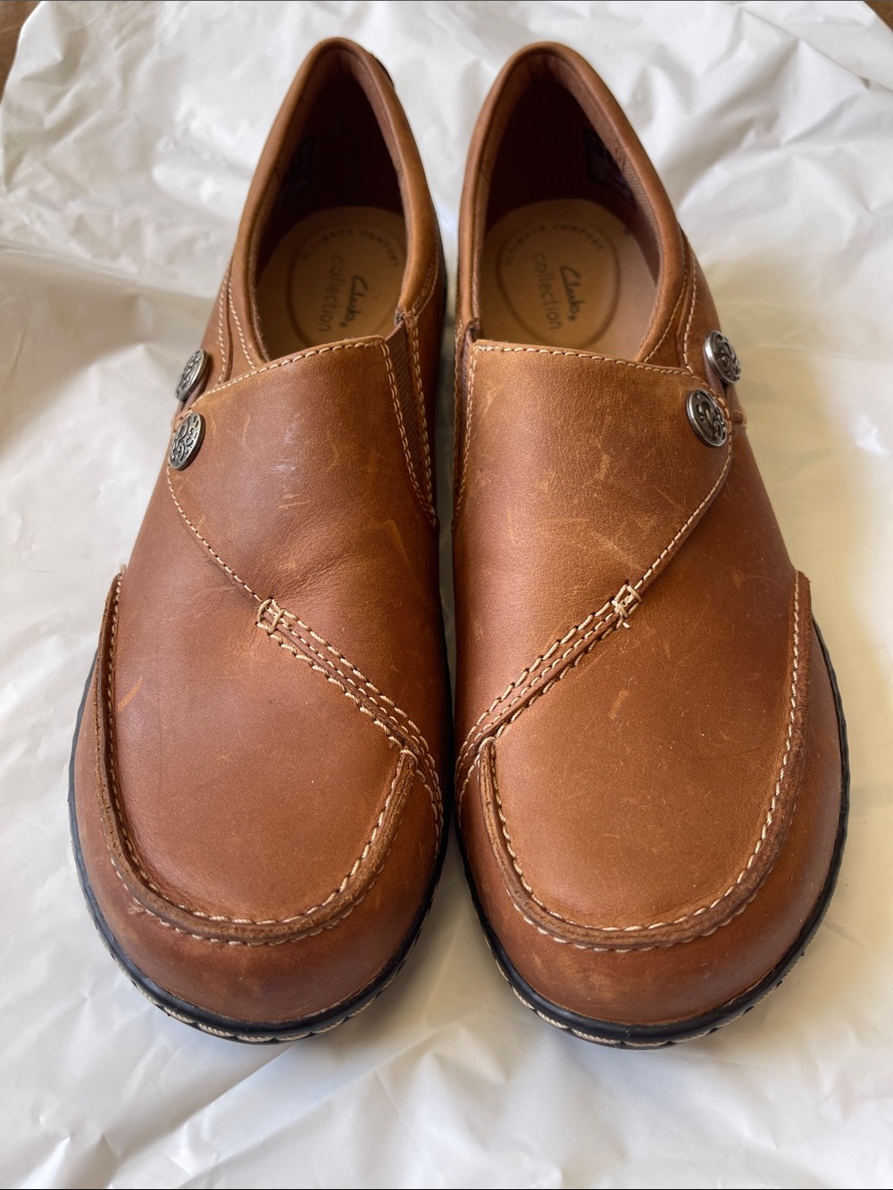 Clarks Women's Tan Leather Slip-On Loafers with Button Detail